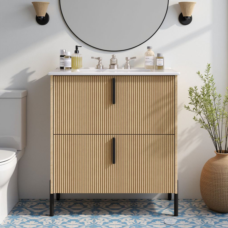 30" Freestanding Bathroom Vanity With Ceramic Sink & 2 Soft-Close Drawers, Natural