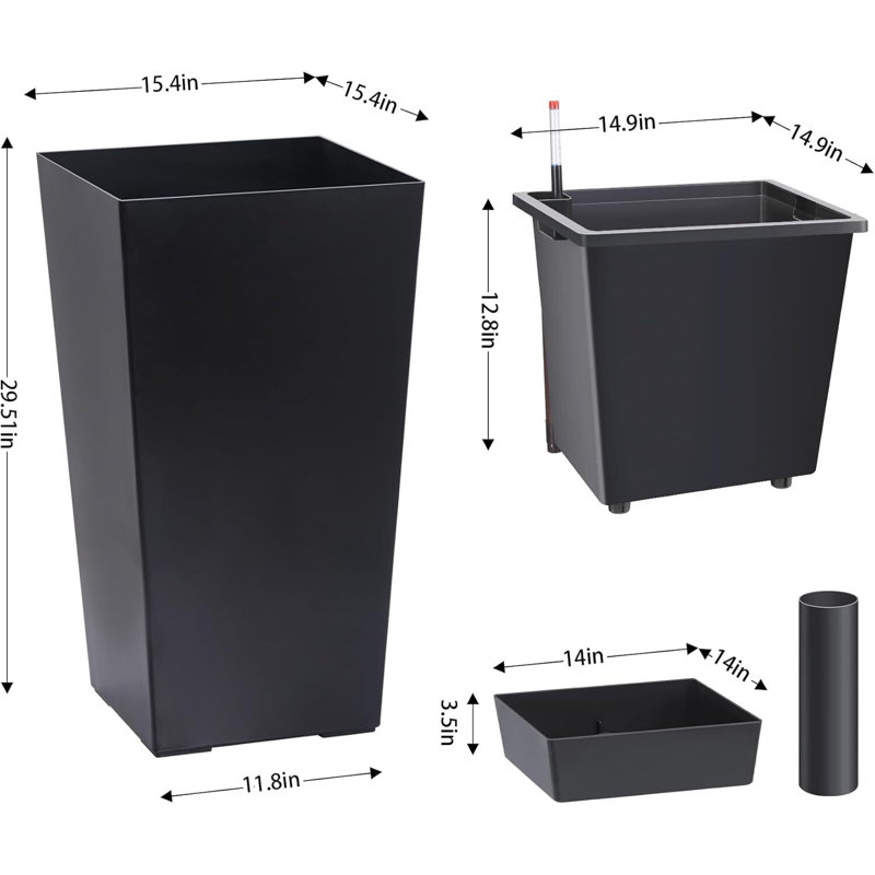 30 Inch Tall Rectangular Planters Set of 2, with Drainage Holes&Water Level Monitor&Wheels, Black