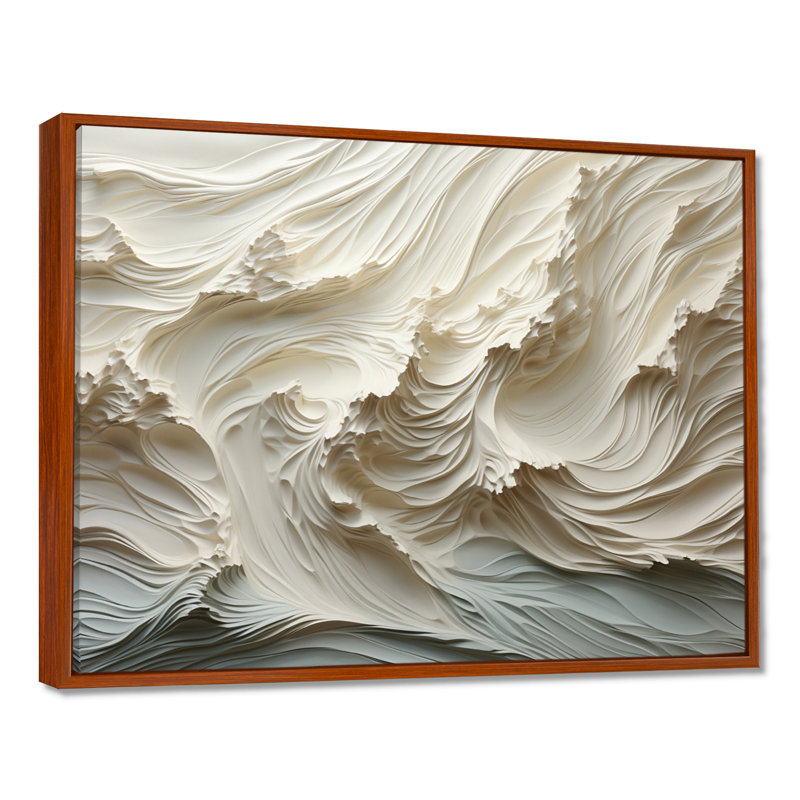 «White and Blue Wave Papercut Style II» - art mural vagues côtières, H 16 po x l 32 po x P 1 po, Cadre flottant brun