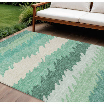 10' X 14' Ivory Striped Washable Indoor Outdoor Area Rug