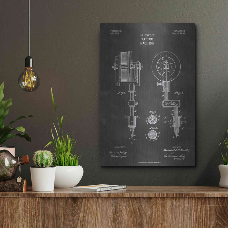 Art mural en métal «Machine à tatouer brevet», H 36 po x l 24 po