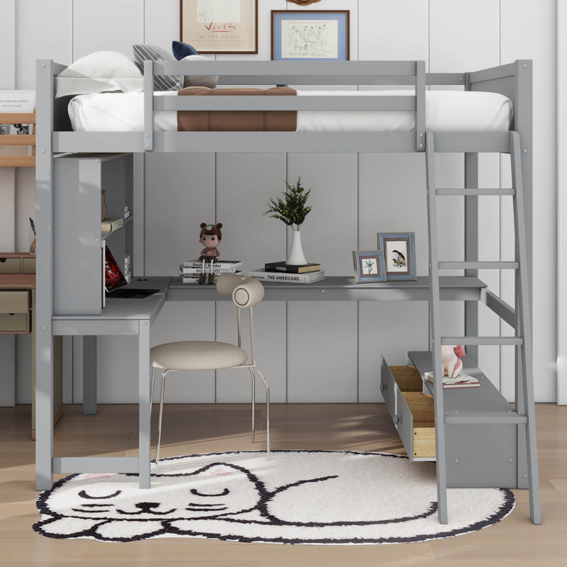 Lit mezzanine double avec bureau en L à rangement multiple, lumière DEL et station de charge USB, banc de rangement avec 2 tiroirs
