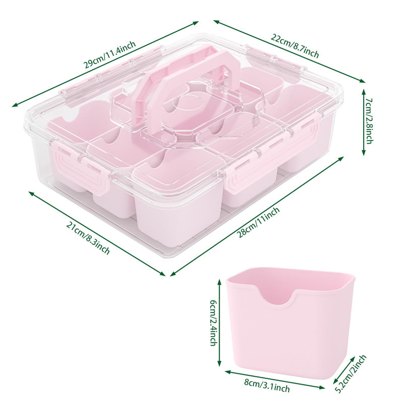 Divided Serving Tray With Lid & Handles, 9-Compartment Snack Box, Charcuterie Organizer For Candy, Nuts, Fruits, Snacks, Pink, 2 Pack