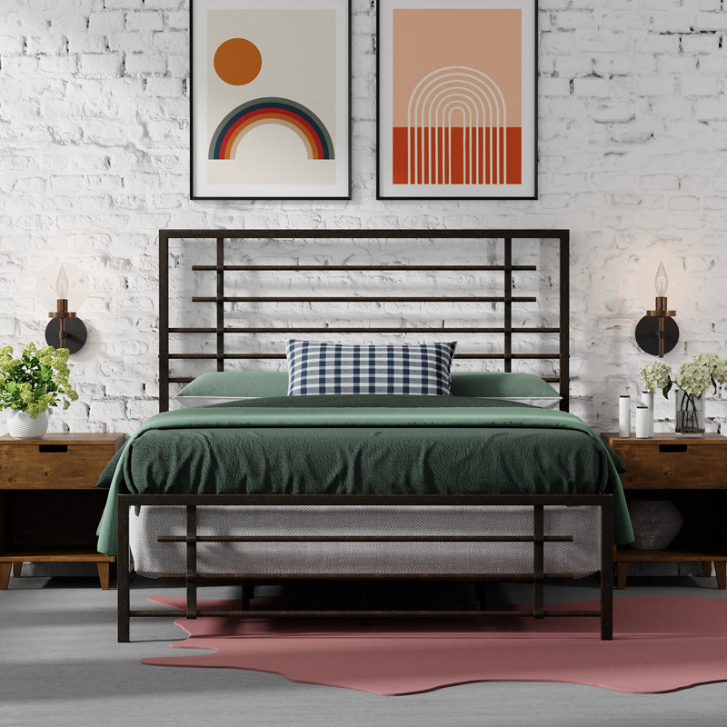 California King Black Metal Bed Frame with Headboard and Slats