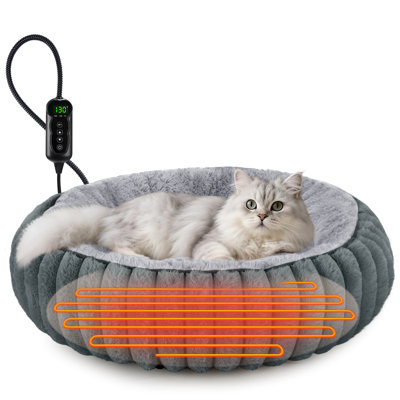 Heated Cat Bed for Indoor Cats & Small Dogs, Cozy Donut Pet Bed with Adjustable Temperature, 1–24 Hour Timer, Removable Heating Pad & Washable Cover