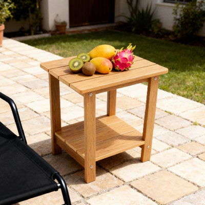 Table d'appoint double couche pour le jardin, grain de bois, matériau des hanches, conception ergonomique, large, acier inoxydable rouille, table de pique-nique d'extérieur en bois huilé, structure, profilé, multifonctionnel
