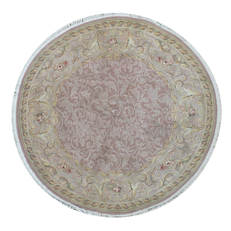 Hand-Knotted High-Quality Gold and Ivory Round Area Rug