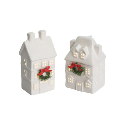 Ceramic LED Village Figurine Set of 2 Candle Holders Christmas Tabletop Mantel Battery Operated 3xLR44 Prelit LED Indoor Use Decorative Gift for Hostess and Holiday Celebrations