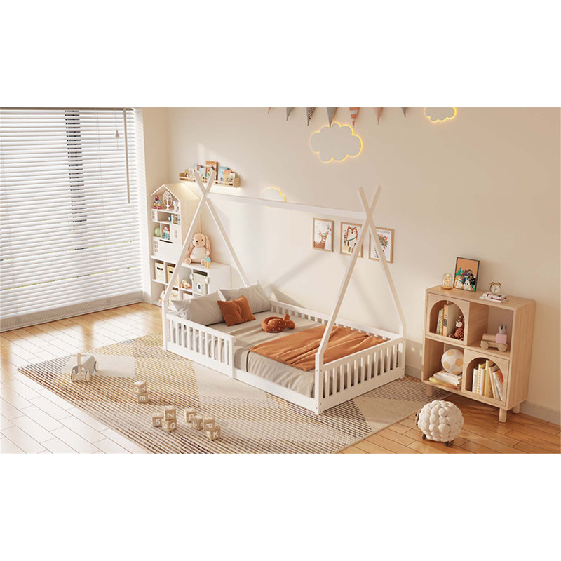 Lit simple en bois avec clôture, White