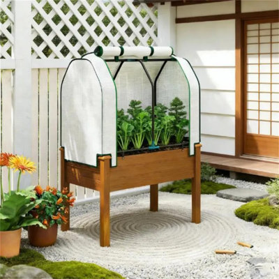 Outdoor Raised Garden Bed with Roll‑Up PE Greenhouse Cover, Fir Wood Elevated Planter Box with Drainage Holes for Vegetables Fruits Flowers, Brown
