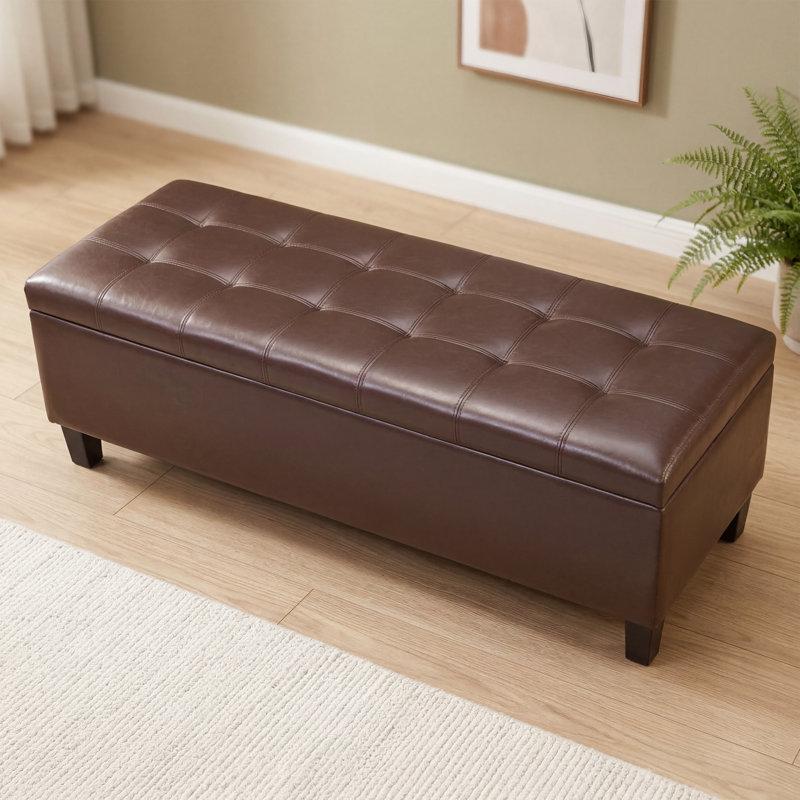45" Tufted Faux Leather Storage Bench Ottoman For Living Room, Brown