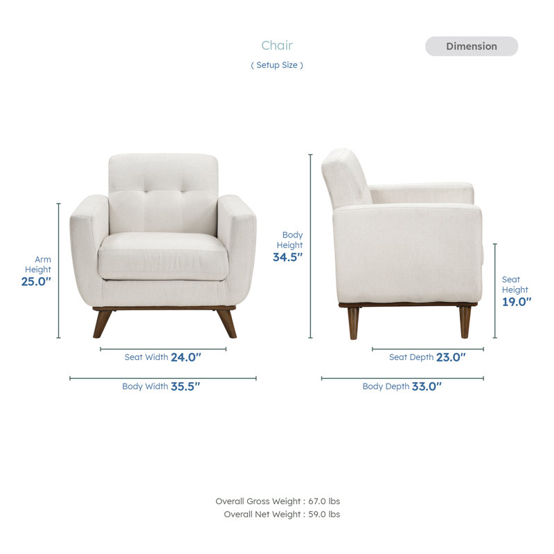 Lucian 35.5" Modern & Contemporary Accent Chair with Textured Fabric Upholstery, Tufted Chair Back, Brown Solid Wood Legs