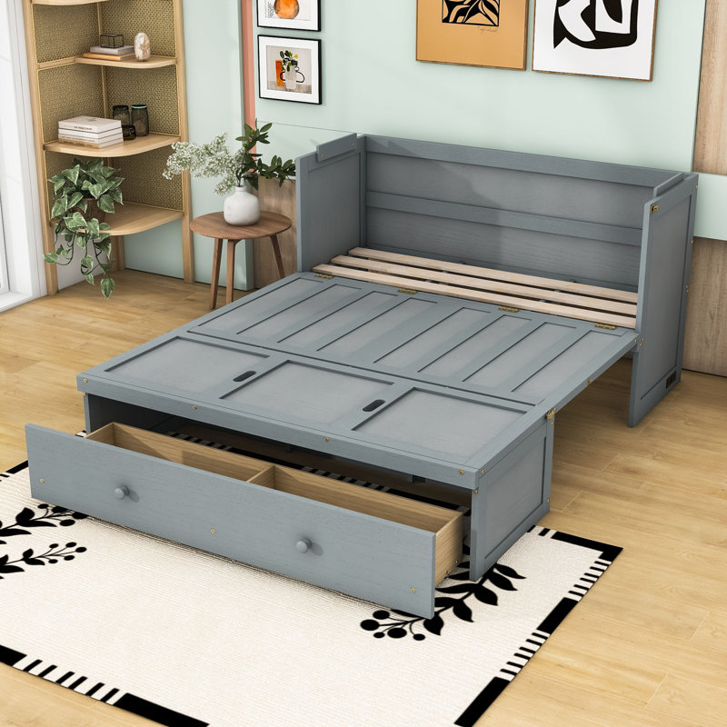 Lit escamotable en bois avec port USB et tiroir, Grand, gris