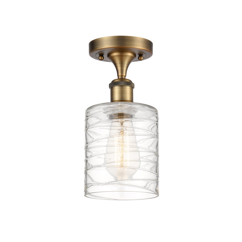 Leilani Glass Semi Flush Mount, 6 Watt Vinage LED Bulb, Brushed Brass, Clear Deco Swirl