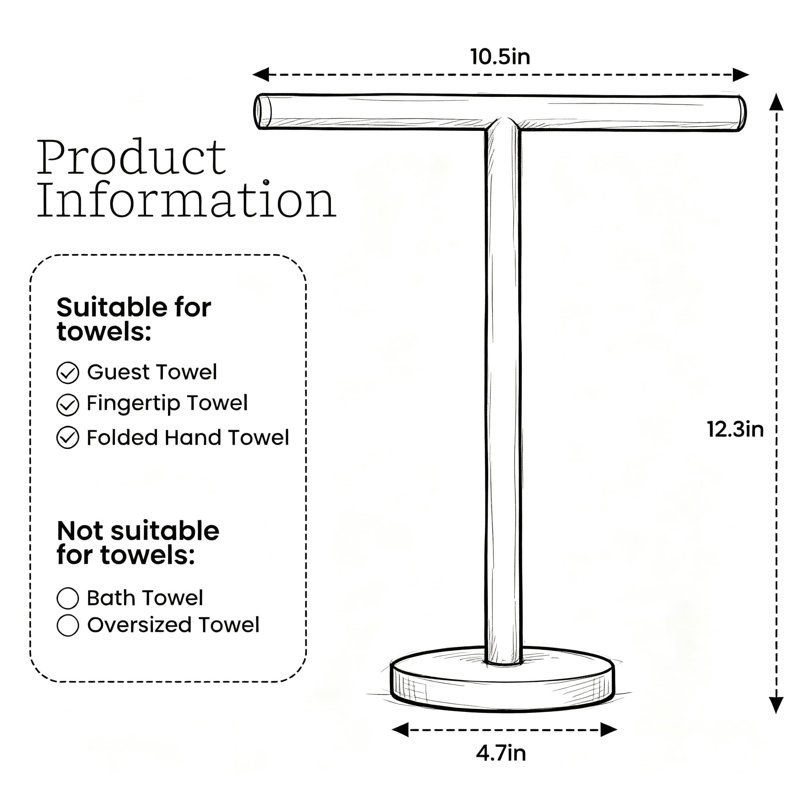 Porte-serviettes sur pied avec base lestée, en acier inoxydable antirouille, pour salle de bain, à poser sur un comptoir ou à fixer au mur. Design ouvert en forme de T, couleur argent.