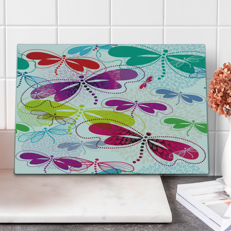 Ambesonne Abstract Cutting Board Large Size Hydrangea Dragonflies Multicolor