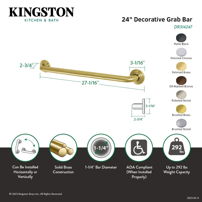 Kingston Brass Restoration 1-1/4 Inch O.D Grab Bar, Polished Nickel, 3.6" H x 27.16" W x 2.75" D