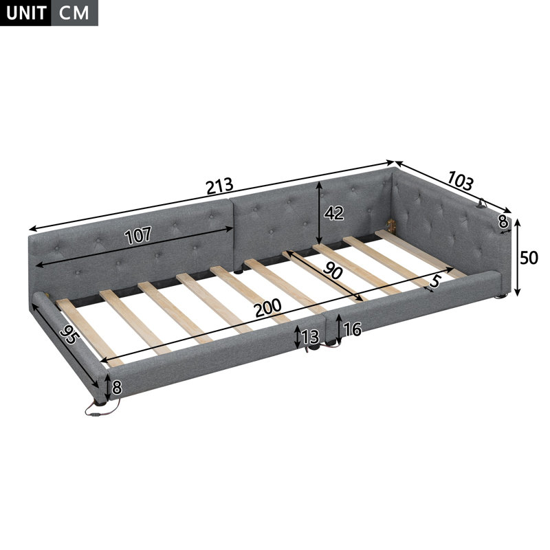 Bed, European Single (90 x 200 cm), Grey