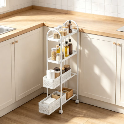 Chariot de rangement roulant mince à 4 niveaux avec panier coulissant, organisateur utilitaire en métal sur roulettes avec roulettes verrouillables, étagère gain de place pour la cuisine, la salle de bain, la buanderie et les espaces étroits au bureau, blanc