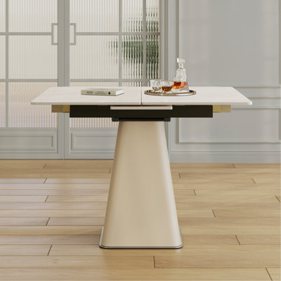Table de salle à manger, table carrée moderne avec base en acier inoxydable recouverte de cuir