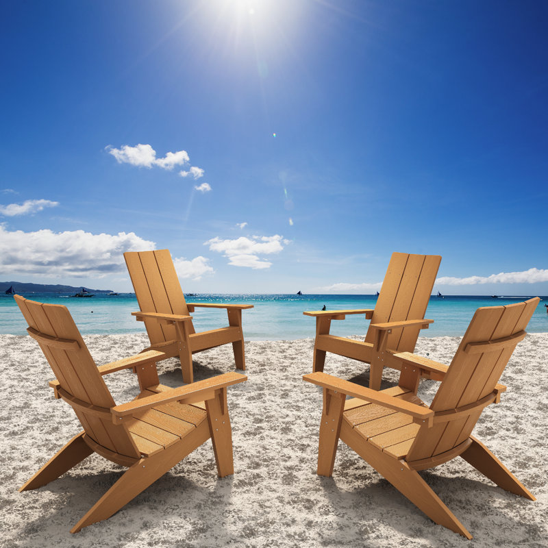 Teak Brown Plastic Adirondack Chairs with Cup Holder, Set of 4