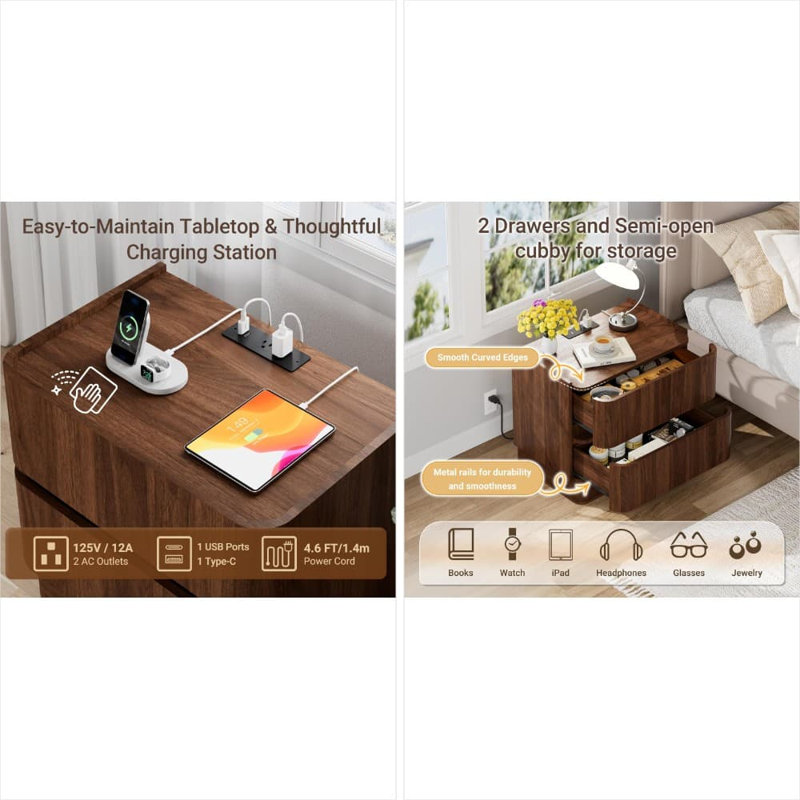 Ensemble de 2 tables de chevet modernes sans poignée avec station de charge, table de chevet à 2 tiroirs avec rangement, tables de bout en bois à finition noyer pour chambre à coucher, coins arrondis