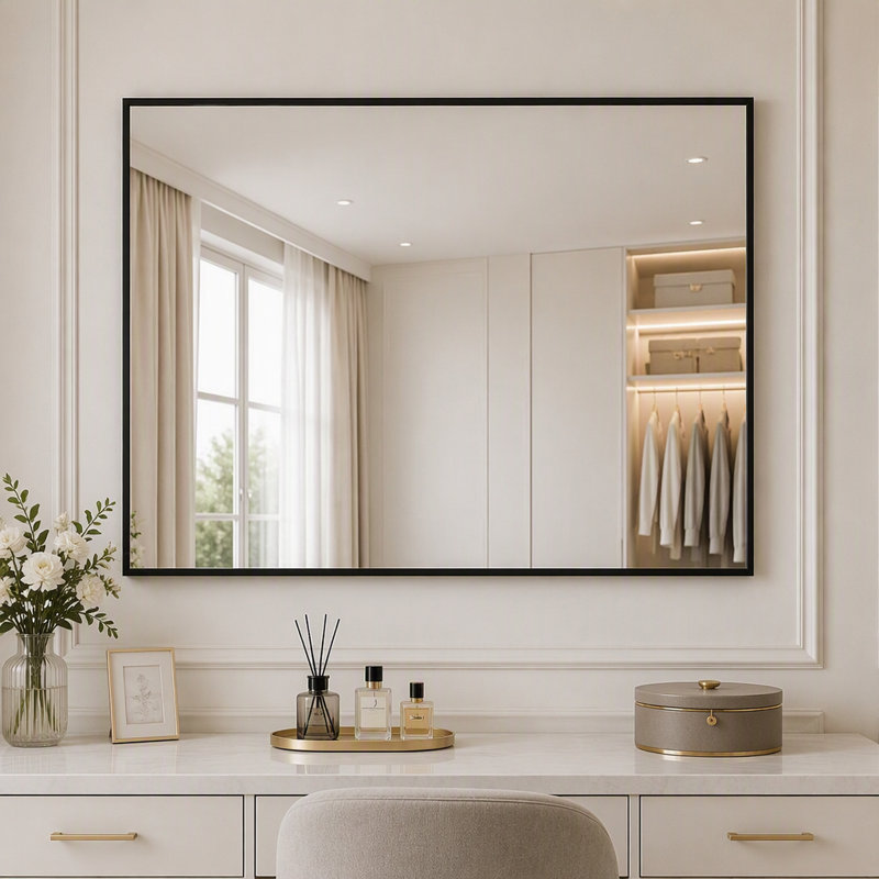 Miroir mural de salle de bain rectangulaire à cadre en aluminium noir, 76 cm (H) x 91 cm (L), installation horizontale ou verticale