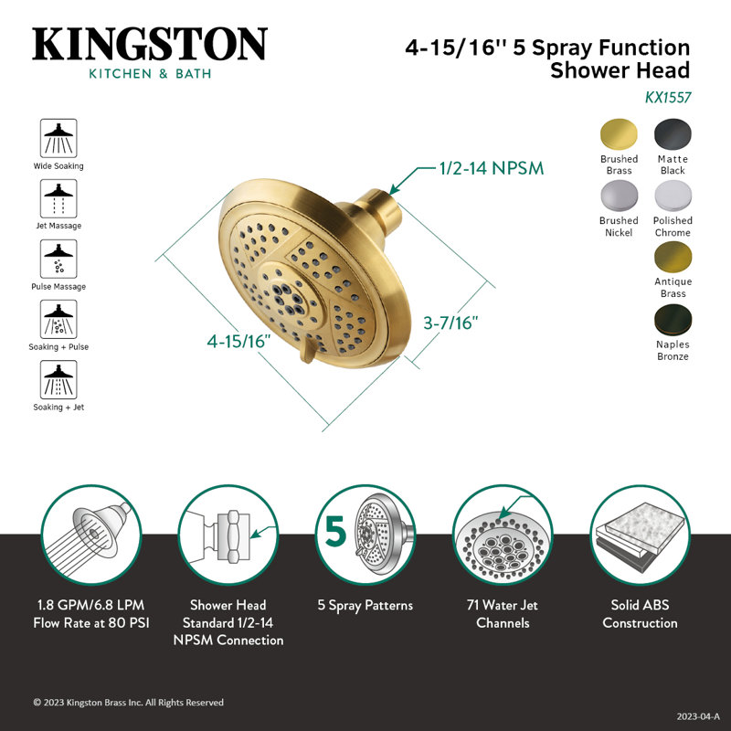 Pomme de douche ronde 5 fonctions en ABS 5 fonctions Kingston Brass Vilbosch, Nickel brossé