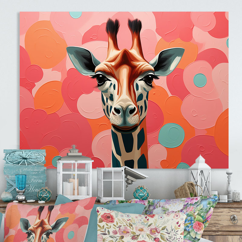 Portrait de girafe rose et orange, H 12 po x l 20 po x P 1 po