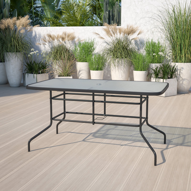 Amlie 31.5" x 55" Rectangular Tempered Glass Metal Patio Table with Umbrella Hole by Flash Furniture, Black