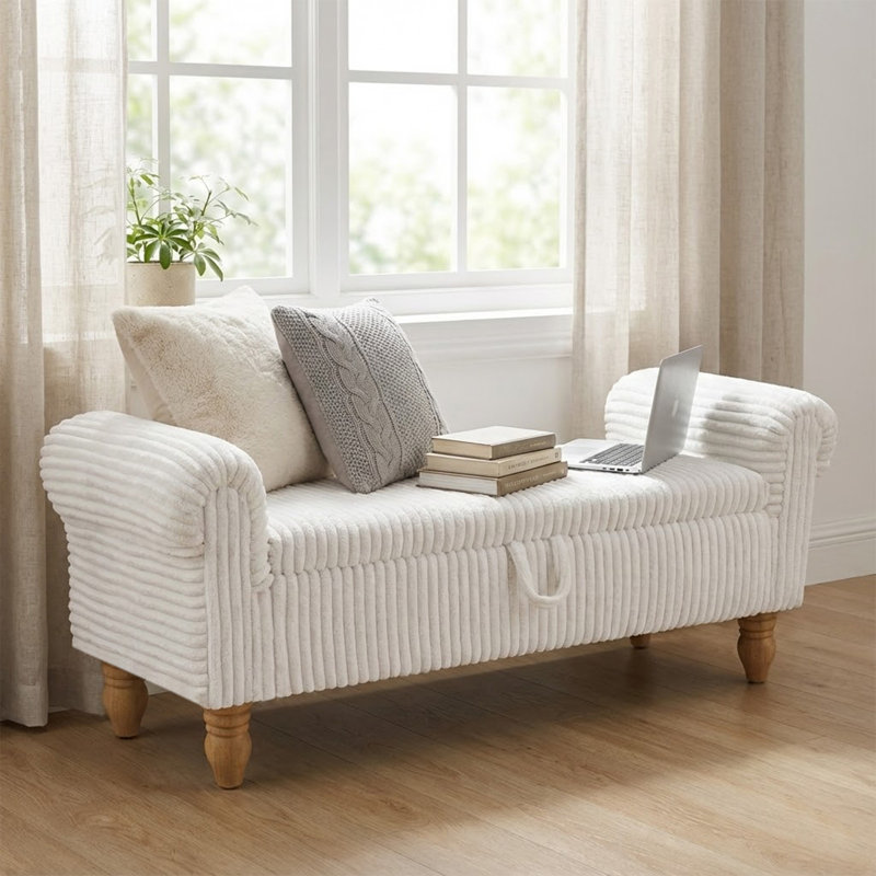 55''W Corduroy Upholstered Storage Bench for End of Bed, White Bench with Storage for Queen Bed, White