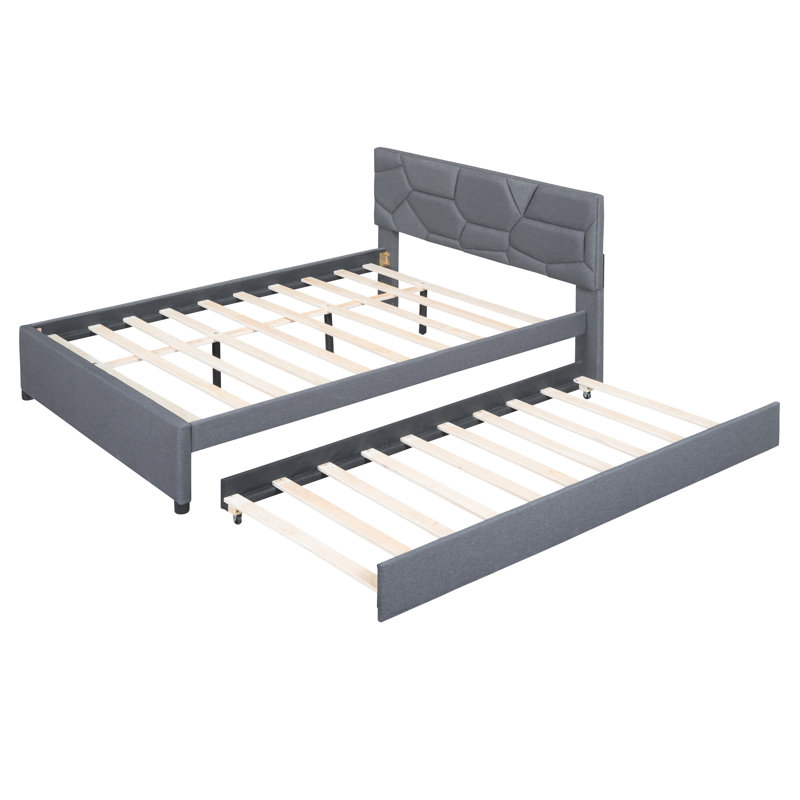 Lit plateforme tapissier avec lit gigogne, Gris, Grand
