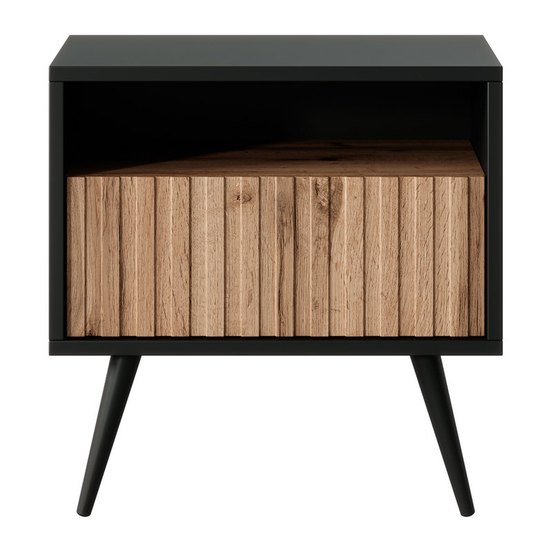 Hodgskin 47cm W Manufactured Wood Bedside Table, Black/Wotan Oak