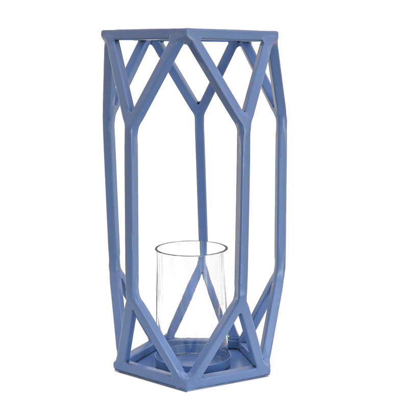 Lanterne à bougie 14 "avec cheminée en verre, bleu fondant, Glace fondue bleue