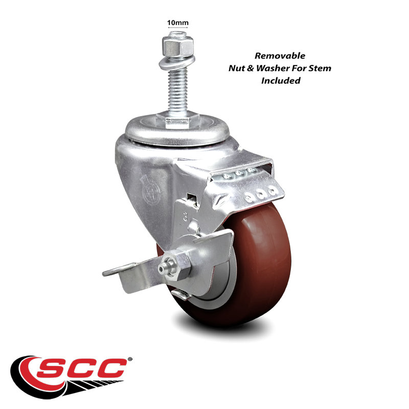 Roulettes à tige filetée pivotante 3,5 po en polyuréthane 3,5 mm avec frein SCC, Marron