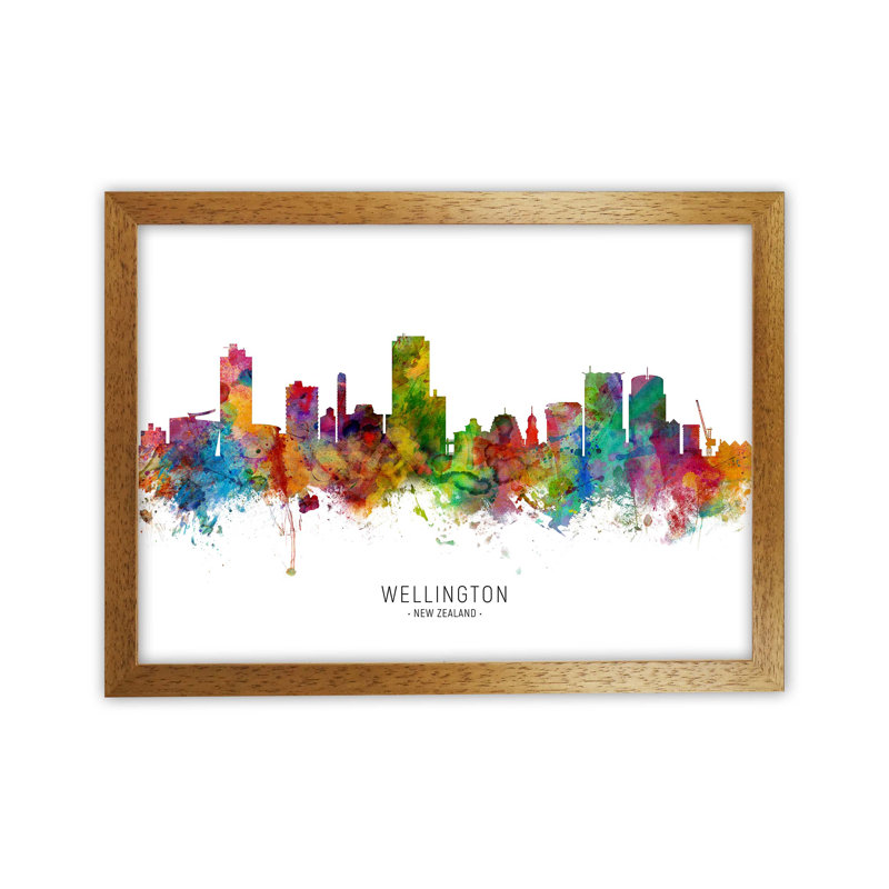 Wellington New Zealand Skyline by Michael Tompsett - Print, 64cm H x 88cm W x 3cm D, Brown Framed