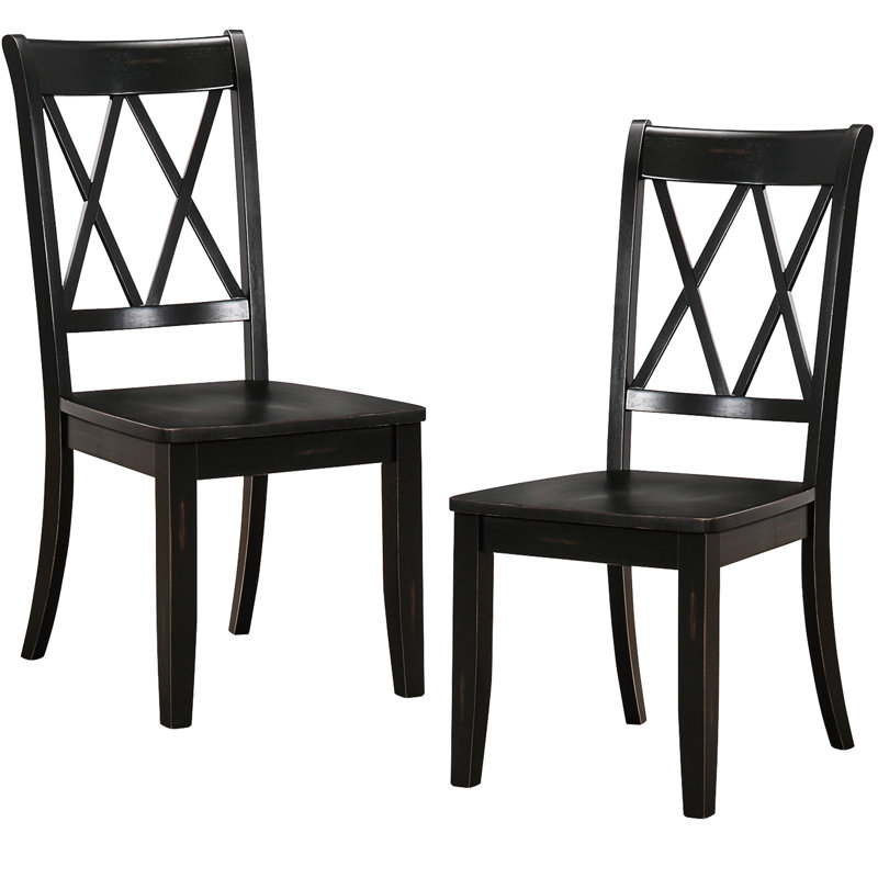 Ensemble de 2 chaises de style transitionnel, noires, placage pin, dossier, pour salle à manger, fini noir, bois.
