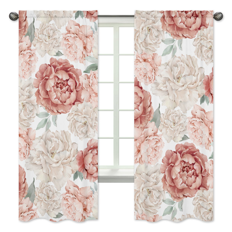Ivory and Pink Floral Sheer Rod Pocket Curtain Panels for Kids