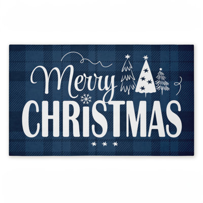 Tapis de porte d'extérieur bleu imprimé Merry Christmas, par Andrea Jasid Grassi, 18 po x 30 po