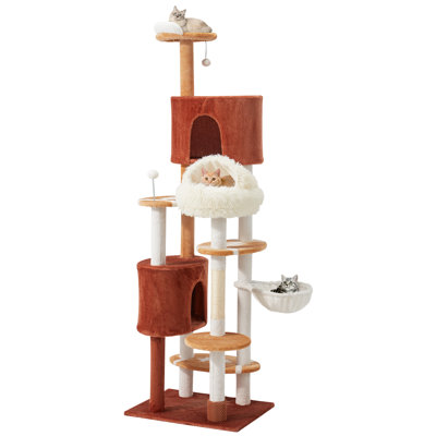 74" Cat Tree Tower - Football Design with Cozy Cat Cave, 2 Spacious Condos, Sisal Scratching Post, 5 Perches, Hammock & 2 Pompoms
