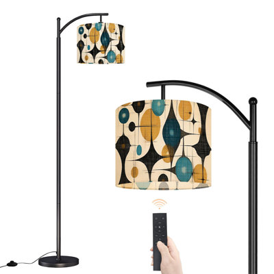 Arc Floor Lamp with Adjustable Lampshade Mid Century Vintage Modern Retro Circular Motifs Standing Lamp 3 Color Temperatures Dimmable Tall Pole Lamp with Foot Switch for Bedroom