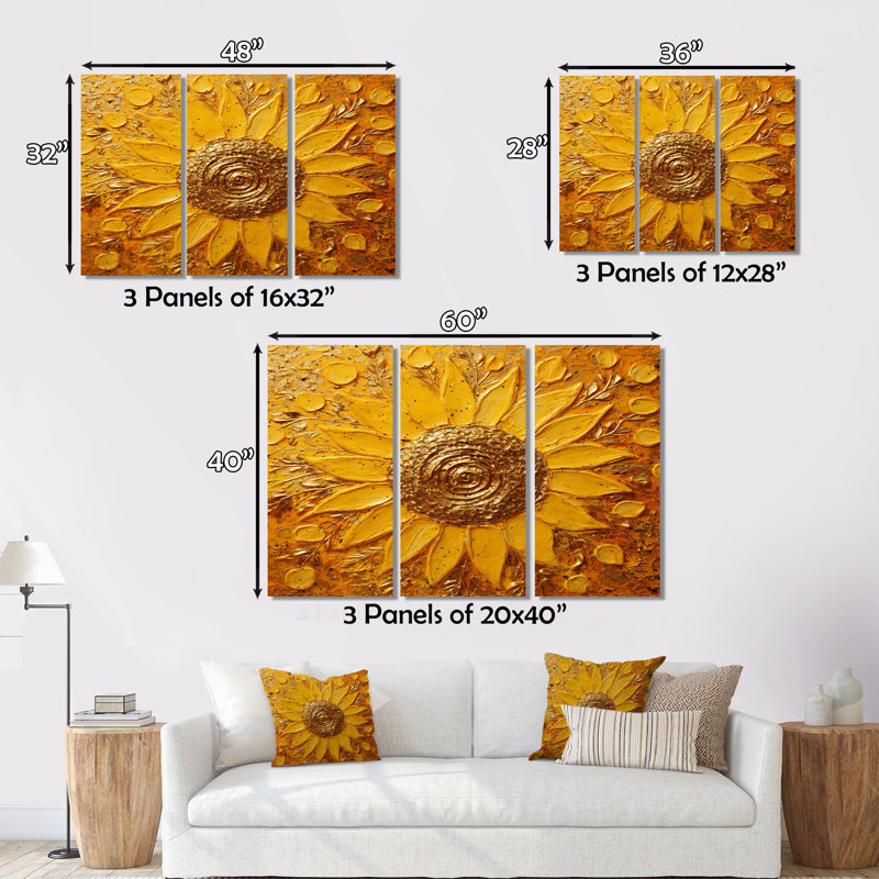 Golden Radiant Sunflower Blooming, ensemble de salon art mural tournesol, H 40 po x l 60 po x P 1 po