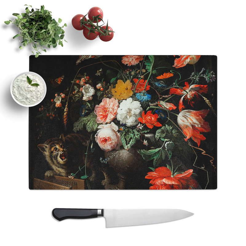 Cat and Flowers by Abraham Mignon Chopping Board, 0.4cm H x 20cm W x 28.5cm L