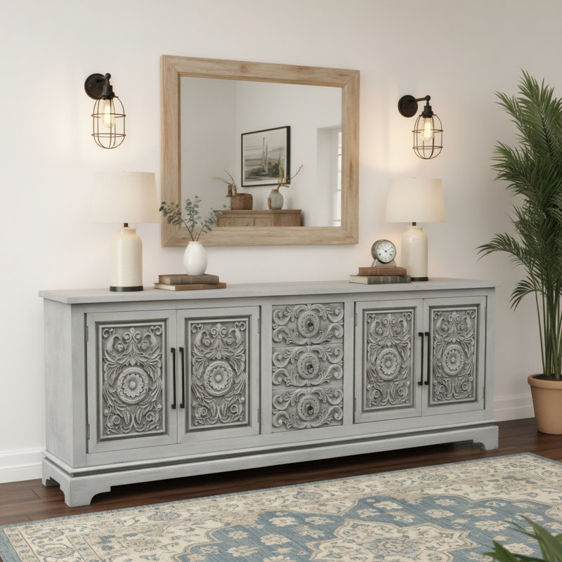 3-drawer 4-door Carved Solid Wood Sideboard, Gray