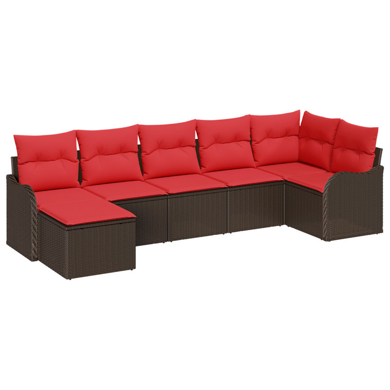 vidaXL Garden Sofa Set with Cushion 7 pcs Brown Poly rattan, Brown Frame/Red Cushion