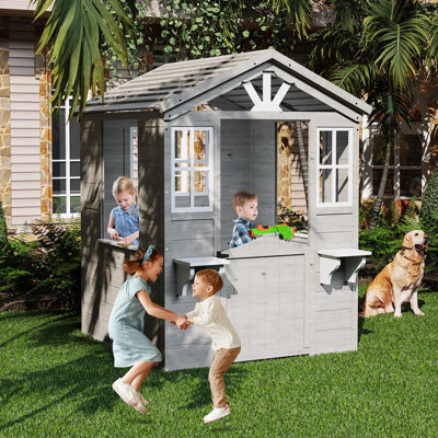 High Quality Cedar Outdoor Playhouse Cottage for Kids – Vinyl Roof, Play Kitchen, Porch – Durable Backyard Wooden Toy House – Easy Assembly – Color: G