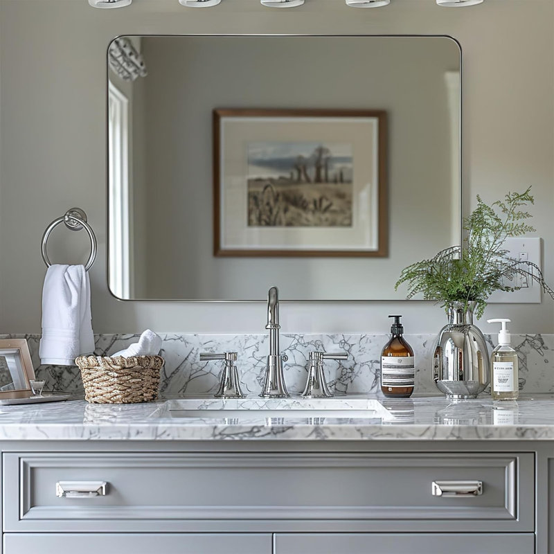 Inse Modern Rounded Rectangle Bathroom Vanity Mirror | Stainless Steel Frame, Polished Chrome, 32" x 24"