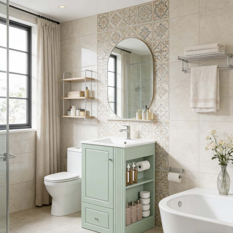 Meuble-lavabo autoportant avec lavabo en céramique, tablettes ouvertes, Vert