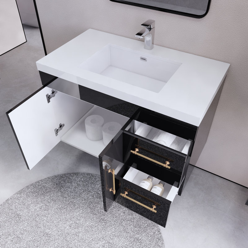 Ensemble de meuble-lavabo mural simple 35 po Blandon, Noir lustré