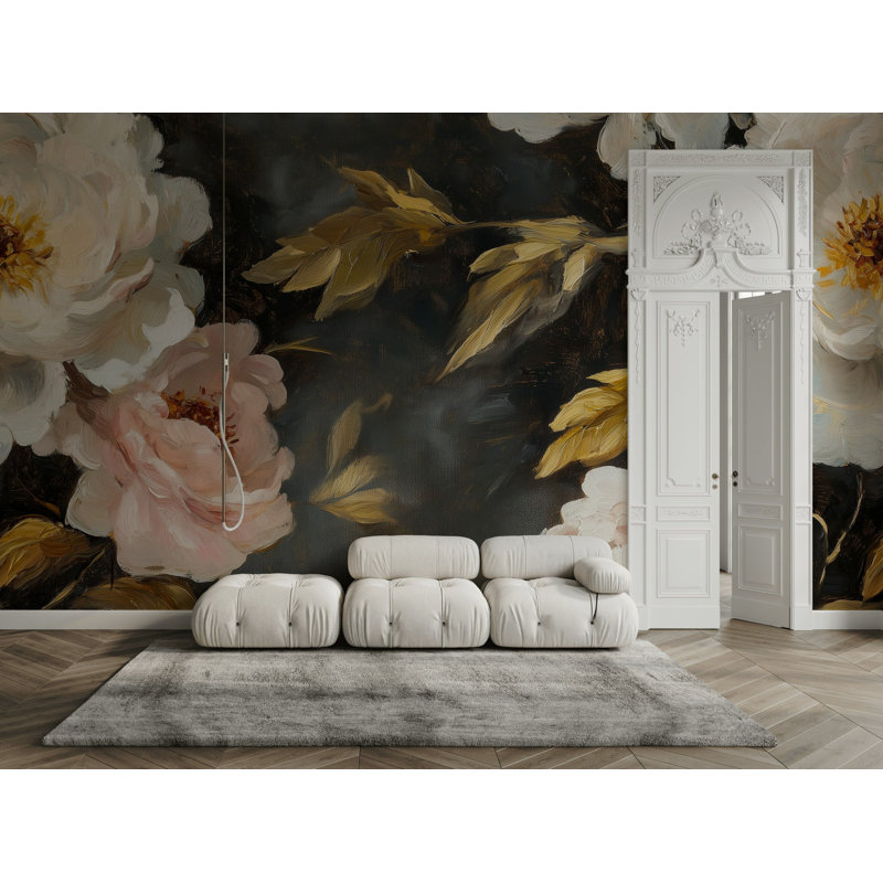 Papier peint floral peint à l'huile pivoine feuille d'or, L 200 po x L 120 po